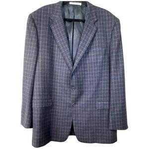 Hickey Freeman 100%‎ Cashmere Plaid Sport Coat Blazer Navy Blue 48L Made in USA